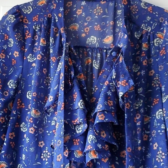 FOREVER 21 Blue floral dress boho cottage prairie puff sleeve ruffle large - Picture 2 of 10